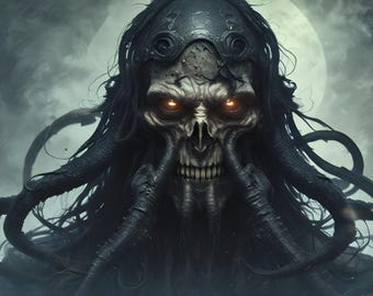 May include: A dark, shadowy figure with glowing red eyes and tentacles. The figure is set against a dark, cloudy background with a bright moon in the background.