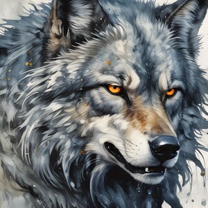 May include: A close-up of a wolf's face against a watercolour background. The wolf has a grey and brown coat with bright orange eyes. The wolf's mouth is slightly open, showing its teeth.