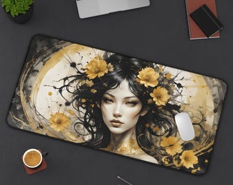 Woman in Gold Desk Mat, Floral Elegant Office Decor