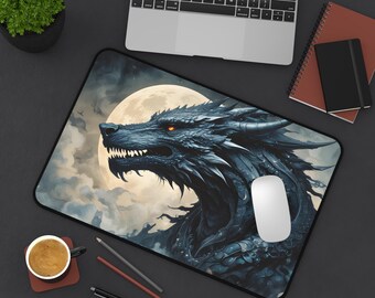 Moon Dragon Desk Mat - Celestial Gaming Mouse Pad, Space Office Desk Accessory, Lunar Fantasy Table Protector, Unique Work From Home Gift,