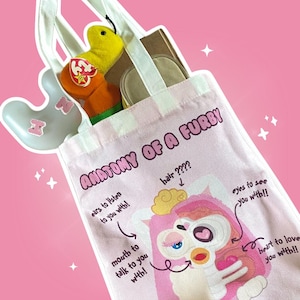 Anatomy of a Furby Tote Bag: Weirdcore Y2K Pastel Pink Cotton Canvas