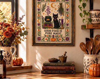 Décoration murale de cuisine sorcière, chat noir, décoration d'Halloween, impression style point de croix vintage