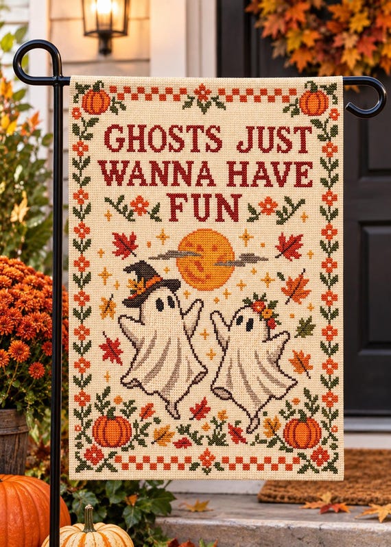 Vintage Ghost Garden Flag, Cross-Stitch Style Halloween Porch Decor (12x18 inches)