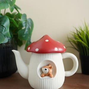 Handmade Ceramic Mushroom Teapot: Whimsical Squirrel Cottagecore Kettle