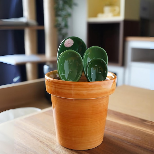 Cactus Ceramic Measuring Spoons and Cup Set : Mother's day gift, Ceramic Kitchen Tool