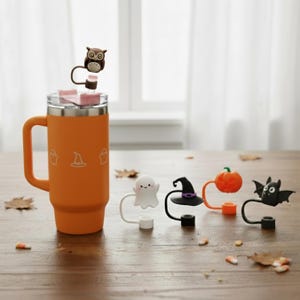 Halloween Tumbler Straw Topper: 3D Silicone Bat, Ghost, Witch, Owl, Pumpkin