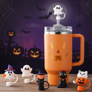 Halloween Straw Cover: 3D Ghost, Witch, Cat and Pumpkin Silicone Topper for Tumbler