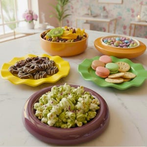 Op de afbeelding: Een verzameling kleurrijke serveerschalen gevuld met snacks. De schalen omvatten een oranje kom met gedroogd fruit, een gele schaal met met chocolade bedekte pretzels en een groene schaal met macarons en crackers. Een paarse kom bevat popcorn.