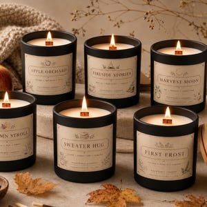 May include: Six black glass jar candles with wooden wicks, each featuring a cream-colored label with the text Apple Orchard, Fireside Stories, Harvest Moon, Autumn Stroll, Sweater Hug, and First Frost, arranged with a wooden lid and autumn leaves.