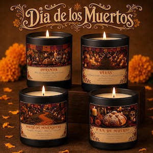 May include: Four black glass candles with lit wicks, each featuring a label with Dia de los Muertos imagery and text. Labels include Ofrenda, Velas, Path of Marigolds, and Pan de Muerto, listing scents like white tea, honey, and marigold, with 8 oz net weight.