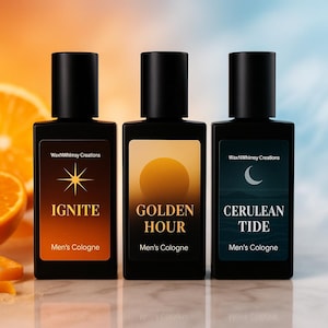 May include: Three black cologne bottles with rectangular labels. The labels read "IGNITE", "GOLDEN HOUR", and "CERULEAN TIDE" with corresponding graphics. The text "Men's Cologne" is below each label. The background has orange and blue gradients.
