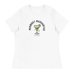 May include: White t-shirt featuring a margarita cocktail graphic with a lime wedge and the words "Midnight Margaritas" in a circular design. The text "Just Like Magic" is below the image.