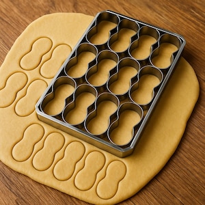 May include: A rectangular metal cookie cutter frame with twelve peanut-shaped cavities resting on a sheet of rolled-out light tan dough. The frame is made of silver-colored stainless steel and has already cut several peanut-shaped pieces into the dough.