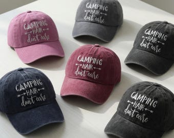 Camping Hair Dont Care Embroidered Hat, Funny Camping Gift for Women, Washed Cotton Baseball Cap, Outdoor Adventure Gift, Summer Camp Hat