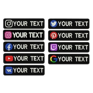 May include: Set of 8 black iron-on patches with various social media logos, including Instagram, Twitter, Pinterest, Twitch, YouTube, Google, VK, and the text "YOUR TEXT" in white.