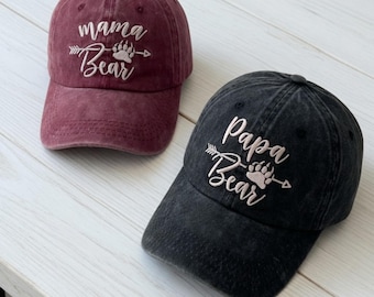 Mama Bear Papa Bear Embroidered Hat, Custom New Parent Gift, Washed Cotton Baseball Cap, Matching Couple Hats, Mother's Father's Day Gift