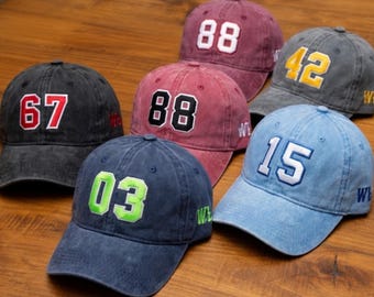 Custom Varsity Number Hat, Personalized Embroidered Baseball Cap, Team Sport Game Day Hat, Lucky Number Gift, Washed Cotton Dad Hat