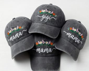 Floral Mama Hat, Personalized Gigi Grandma Baseball Cap, Custom Embroidered Flower Hat, Mother's Day Gift, Wildflower New Grandma Gift Ideas