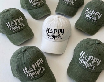Happy Camper Embroidered Hat, Custom Camping Gift, Washed Cotton Baseball Cap, Outdoor Adventure Spirit Hat, Nature Lover Personalized Gift