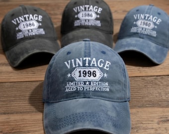 Custom Vintage Year Hat, Personalized Limited Edition Aged to Perfection Birthday Cap, Retro Birthday Gift for Men Women, Embroidered Hat