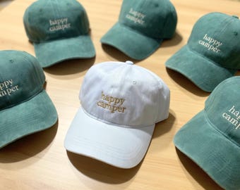 Happy Camper Bachelorette Party Hats, Retro Custom Embroidered Baseball Caps, Outdoorsy Bridal Shower Gifts, Camping Bach Party Favors