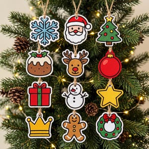 May include: A set of eleven hanging Christmas ornaments featuring embroidered designs of a blue snowflake, Santa Claus, a green tree, a pudding, a reindeer, a red bauble, a red gift, a snowman, a yellow star, a gold crown, and a gingerbread man.