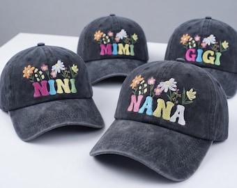 Retro Floral Grandma Hat, Colorful Custom Mimi Gigi Nana Nini Embroidered Cap, Groovy Mother's Day Gift, Wildflower New Grandma Baseball Hat