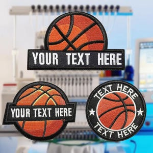 May include: Embroidered basketball patches in orange, black, and white. The patches feature a basketball design with the text "YOUR TEXT HERE" and "TEXT HERE". The patches are round and rectangular.