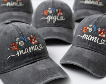 Floral Personalized Grandma Hat, Custom Embroidered Mama Mimi Gigi Nana Nini Baseball Cap, Wildflower Mother's Day Gift, Gift for Grandma