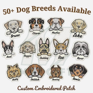 May include: Embroidered patches featuring various dog breeds, including a Labrador named Bruno, a Bulldog named Marley, and a Dachshund named Bowie. The text reads "50+ Dog Breeds Available" and "Custom Embroidered Patch."