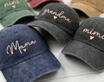 Personalized Grandma Hat with Heart, Custom Mama Mimi Gigi Nana Nini Embroidered Baseball Cap, Mother's Day Gift, Washed Cotton Hat