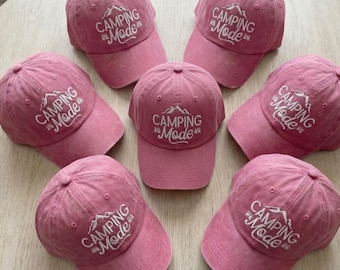 Camping Mode Embroidered Hat, Funny Outdoor Gift for Her, Washed Cotton Baseball Cap, Mountain Hiking Hat, Summer Camping Trip Gift