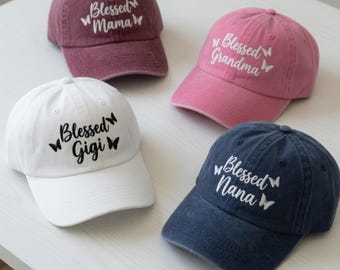 Blessed Mama Grandma Gigi Nana Embroidered Hat, Custom Mother's Day Gift, Washed Cotton Butterfly Baseball Cap, Personalized Grandma Gifts