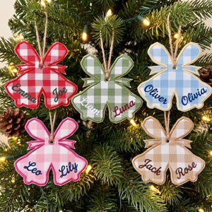 Custom Embroidered Gingham Bells Christmas Patch Ornament, Personalized Couple Name Xmas Tree Decor, Holiday Double Bell Gift