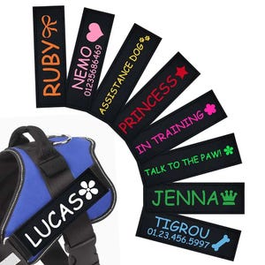 2 PCS Custom Dog Name Embroidered Label Pet Harness Custom Tag Removed Stickers ID Dog Chest Strap Vest Collar Tag, Hook & Loop,Service Dog