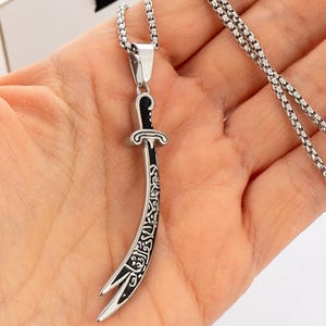 316L Stainless Steel Zulfiqar Sword Necklace – Islamic Pendant, Silver Color Chain for Men & Women