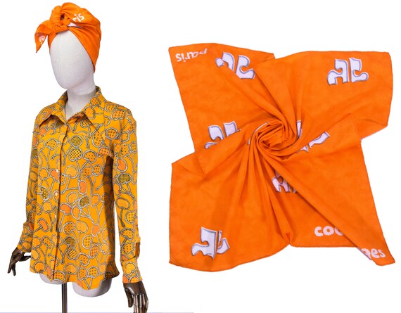 COURREGES logo scarf, Vintage orange cotton COURR