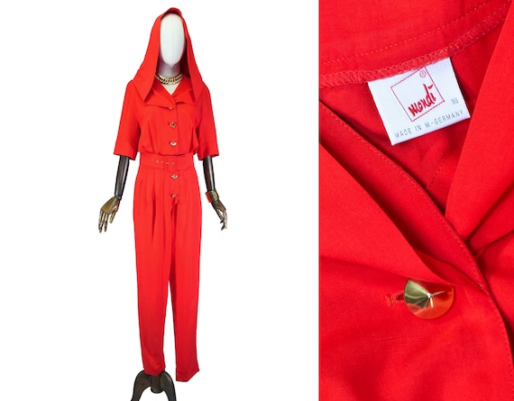 VINTAGE MONDI jumpsuit, Vintage red hooded jumpsui