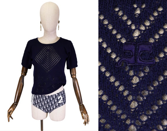 COURREGES knit top, vintage 1970s blue navy cotton