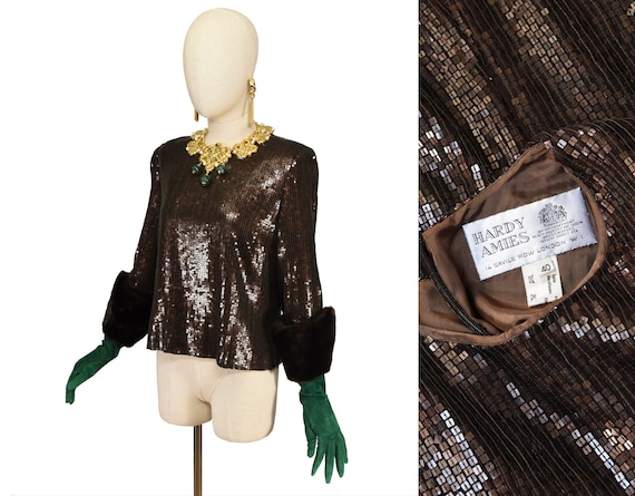HARDY AMIES top, vintage 1980s brown square sequin