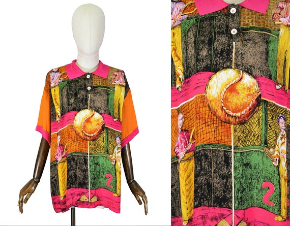 VINTAGE polo shirt, Vintage 1990s colorful viscose