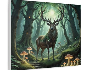 Enchanted Forest Stag Framed Canvas Wall Art, Woodland Nature Décor