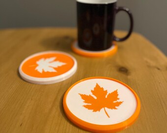 Thanksgiving Coaster Set of 2 - Orange and White Fall Leaf Drink Coaster, Autumn Table Decoration, Cozy Home Decor, Rustic Fall Gift Idea