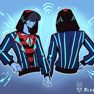 May include: Illustration of a character wearing a blue and black striped hoodie with a red bow tie and a red and black striped shirt. The character has blue skin and a wide grin. The background is light blue with lightning bolt designs.
