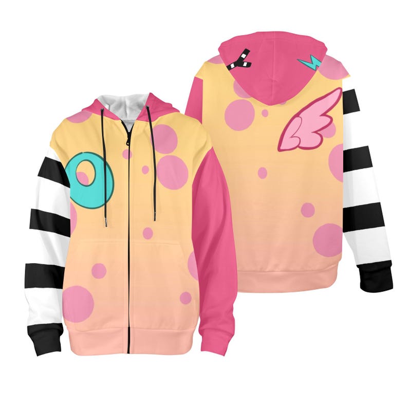 May include: A zip-up hoodie with a playful design. The hoodie features a color palette of yellow, pink, and peach, with large pink polka dots. One sleeve has black and white stripes, and the other is solid pink. The back has a wing graphic.