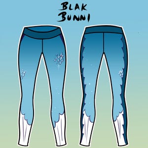 May include: Blue leggings with a gradient design, featuring a dark blue waistband and white accents at the ankles. The leggings have a scale-like pattern on the front and a feathery design on the sides. The text "BLAK BUNNI" is at the top.
