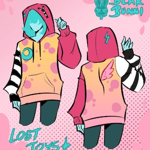 May include: Illustration of a hoodie with a pink and yellow gradient, featuring pink polka dots. The sleeves are black and white striped. The hoodie has a teal face and the text "BLAK BUNNI" and "LOST TOYS".