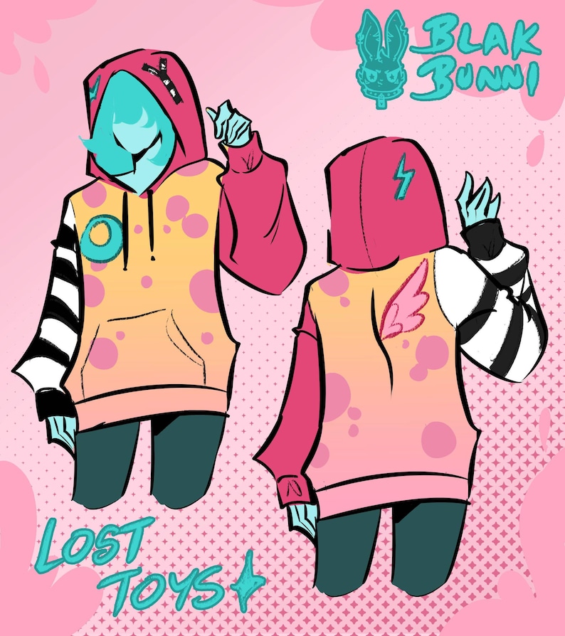 May include: Illustration of a hoodie with a pink and yellow gradient, featuring pink polka dots. The sleeves are black and white striped. The hoodie has a teal face and the text "BLAK BUNNI" and "LOST TOYS".