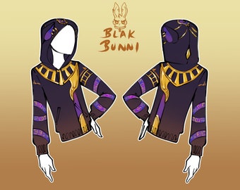 Può includere: Una felpa con cappuccio nera con accenti dorati e viola. Il cappuccio presenta un design a occhio stilizzato. Le maniche hanno un motivo ripetitivo di geroglifici. La felpa ha un colletto dorato con un copricapo da faraone stilizzato.