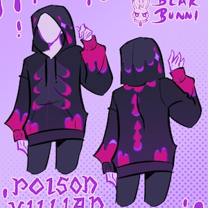Puede incluir: Ilustración de una sudadera con capucha negra con un diseño morado y rosa. La sudadera con capucha presenta un diseño de esqueleto en la parte delantera y trasera, con detalles en rosa en los puños y la capucha. También se ve el texto "POISON VILLIAN" y "BLAK BUNNI".